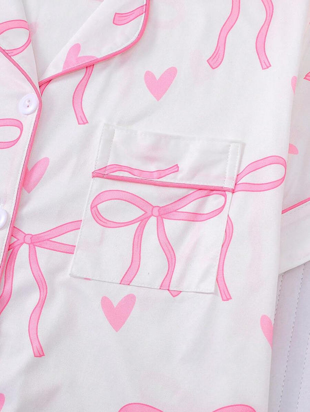 2pcs Bow Print Loungewear Set For Women, Comfortable Short Sleeve Collared Button-Up Shirt And Elastic Waist Shorts, Casual Outdoor/Indoor Sleepwear And Homewear, All Seasons,Two Pieces Set - Luxe Ladies Moda