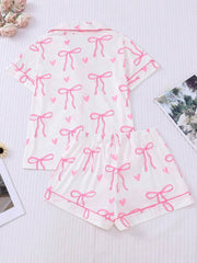 2pcs Bow Print Loungewear Set For Women, Comfortable Short Sleeve Collared Button-Up Shirt And Elastic Waist Shorts, Casual Outdoor/Indoor Sleepwear And Homewear, All Seasons,Two Pieces Set - Luxe Ladies Moda