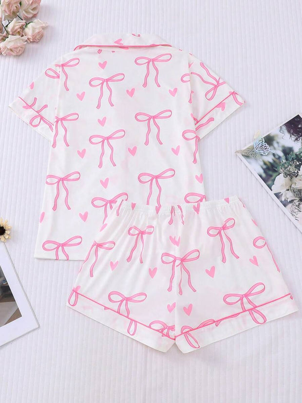 2pcs Bow Print Loungewear Set For Women, Comfortable Short Sleeve Collared Button-Up Shirt And Elastic Waist Shorts, Casual Outdoor/Indoor Sleepwear And Homewear, All Seasons,Two Pieces Set - Luxe Ladies Moda