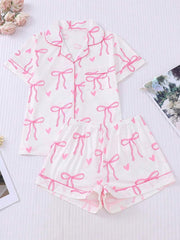 2pcs Bow Print Loungewear Set For Women, Comfortable Short Sleeve Collared Button-Up Shirt And Elastic Waist Shorts, Casual Outdoor/Indoor Sleepwear And Homewear, All Seasons,Two Pieces Set - Luxe Ladies Moda