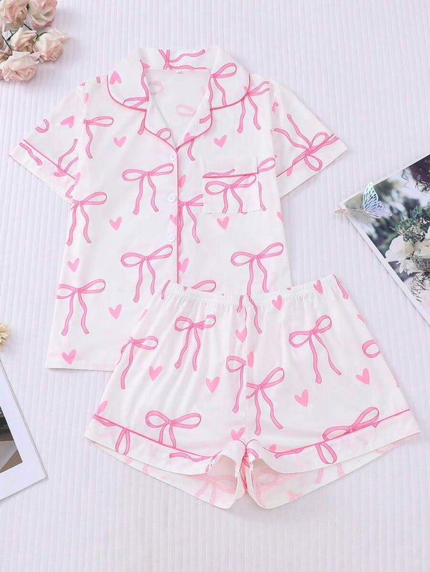 2pcs Bow Print Loungewear Set For Women, Comfortable Short Sleeve Collared Button-Up Shirt And Elastic Waist Shorts, Casual Outdoor/Indoor Sleepwear And Homewear, All Seasons,Two Pieces Set - Luxe Ladies Moda