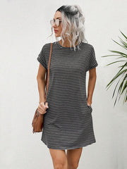 Striped Print Round Neck Patch Pocket Summer Short Sleeve Dress,Summer Dresses For Women - Luxe Ladies Moda