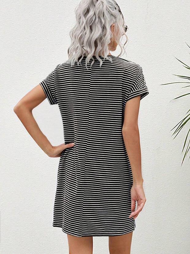Striped Print Round Neck Patch Pocket Summer Short Sleeve Dress,Summer Dresses For Women - Luxe Ladies Moda