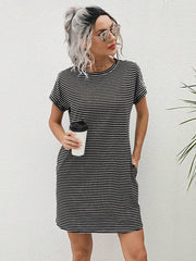 Striped Print Round Neck Patch Pocket Summer Short Sleeve Dress,Summer Dresses For Women - Luxe Ladies Moda