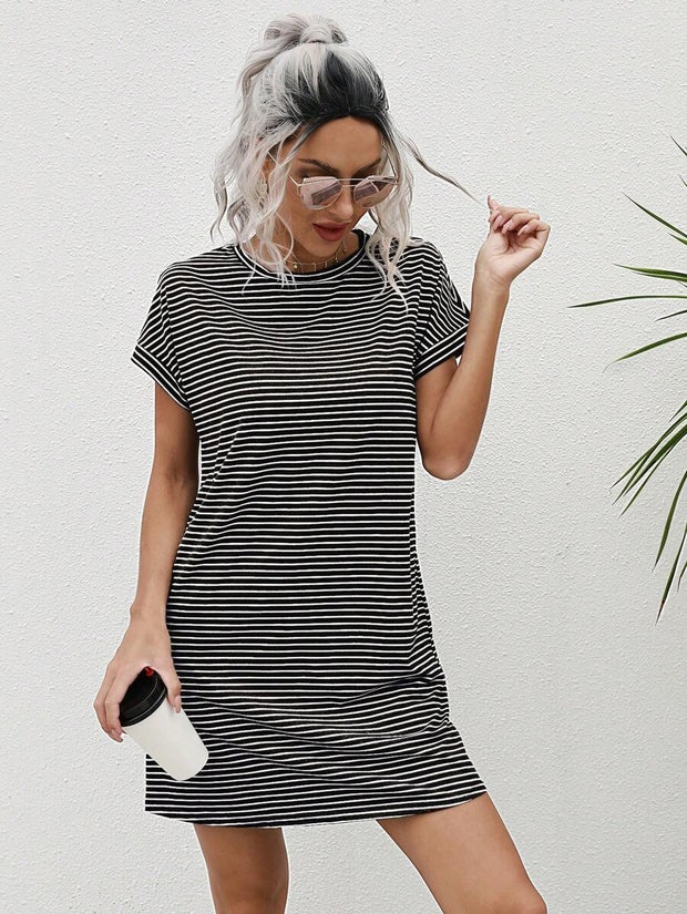 Striped Print Round Neck Patch Pocket Summer Short Sleeve Dress,Summer Dresses For Women - Luxe Ladies Moda
