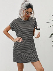 Striped Print Round Neck Patch Pocket Summer Short Sleeve Dress,Summer Dresses For Women - Luxe Ladies Moda