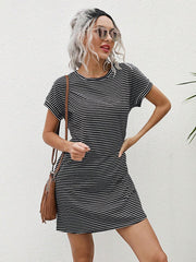 Striped Print Round Neck Patch Pocket Summer Short Sleeve Dress,Summer Dresses For Women - Luxe Ladies Moda