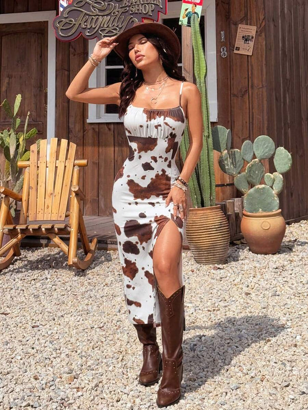 Women's Summer Music Festival New Cow Print Cami Split Front Dress - Luxe Ladies Moda
