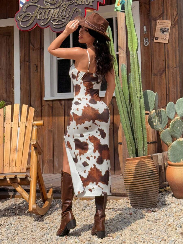 Women's Summer Music Festival New Cow Print Cami Split Front Dress - Luxe Ladies Moda