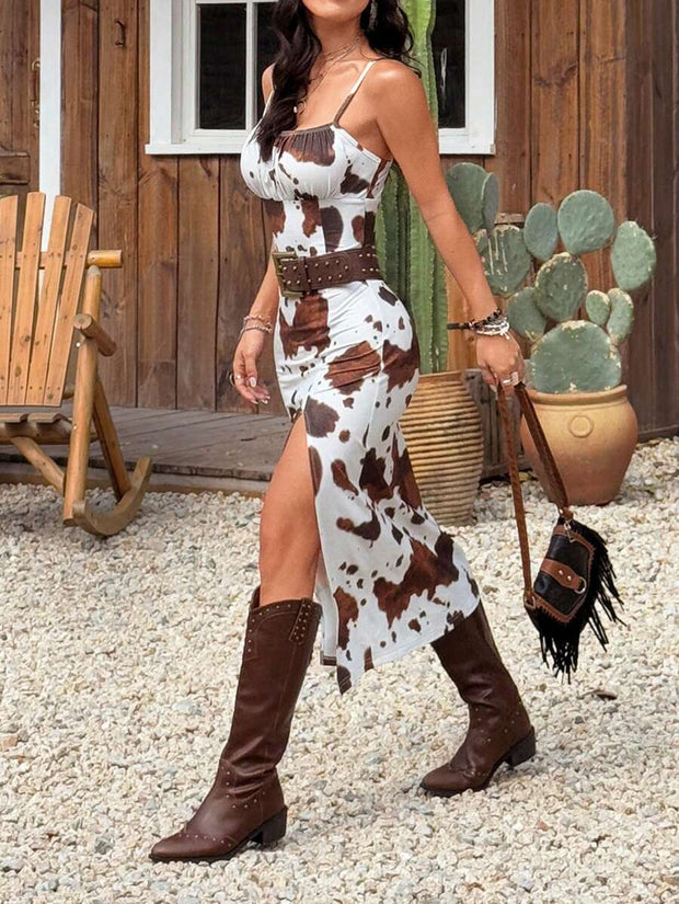 Women's Summer Music Festival New Cow Print Cami Split Front Dress - Luxe Ladies Moda