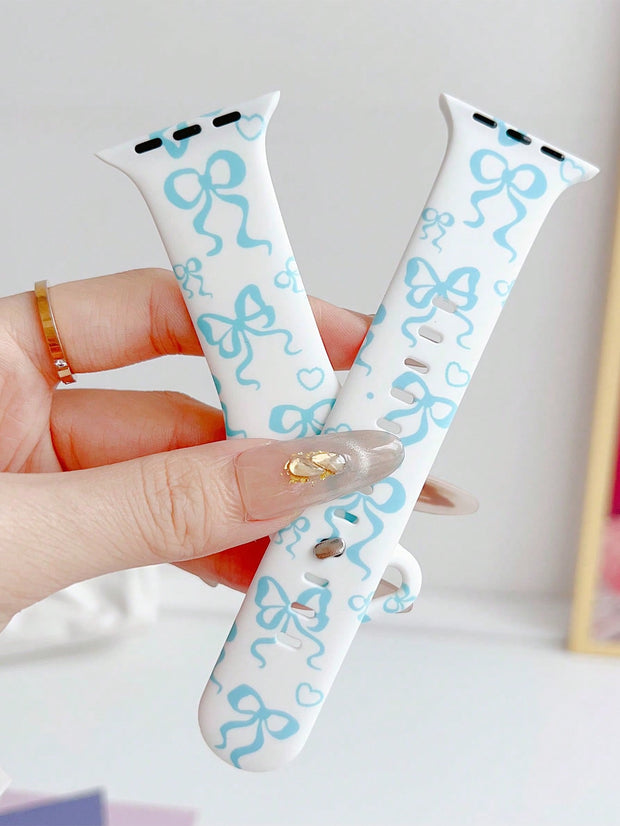 1pc Fashion Simple Bowknot Print Silicone Watch Band Compatible With Apple Watch Band 38mm 40mm 41mm 42mm 4mm 45mm 49mm (S10 42 )Mm (S10 46)Mm , Comfortable Soft Replaceable For Watch Series Ultra 2 SE 10 9 8 7 6 5 4 3 2 1 Gift - Luxe Ladies Moda