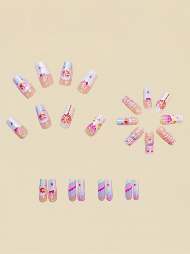 Mid-Length Ballet Style Nail Art, Fashionable Spring & Summer Nail Stickers With Colorful Bee Patterns, 24pcs/Box Removable Nail Decals, Lovely Nail Wrap Stickers, Press-On Nail Stickers - Luxe Ladies Moda