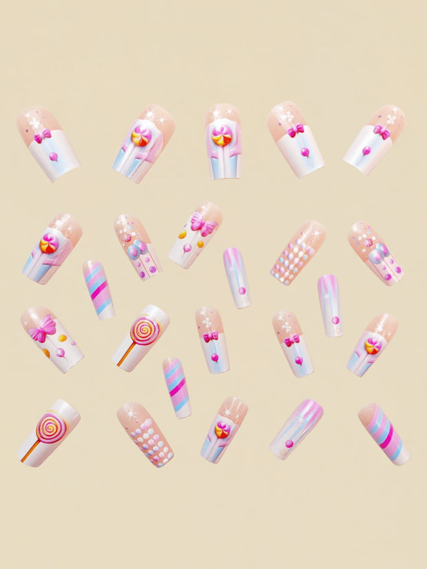 Mid-Length Ballet Style Nail Art, Fashionable Spring & Summer Nail Stickers With Colorful Bee Patterns, 24pcs/Box Removable Nail Decals, Lovely Nail Wrap Stickers, Press-On Nail Stickers - Luxe Ladies Moda