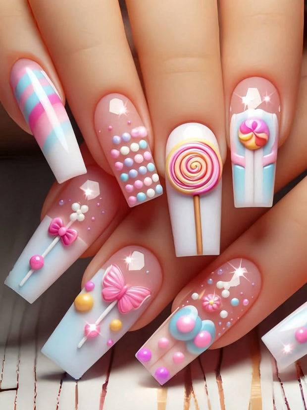 Mid-Length Ballet Style Nail Art, Fashionable Spring & Summer Nail Stickers With Colorful Bee Patterns, 24pcs/Box Removable Nail Decals, Lovely Nail Wrap Stickers, Press-On Nail Stickers - Luxe Ladies Moda