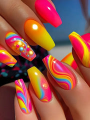Mid-Length Ballet Style Nail Art, Fashionable Spring & Summer Nail Stickers With Colorful Bee Patterns, 24pcs/Box Removable Nail Decals, Lovely Nail Wrap Stickers, Press-On Nail Stickers - Luxe Ladies Moda