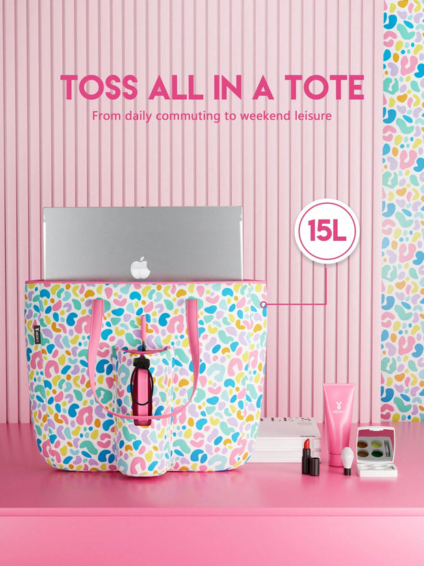 Tote Bag With Front Pocket And Zipper, Waterproof Shoulder Bag With Water Bottle Holder, Fits Laptop, Tumbler With Handle And Straw, - Luxe Ladies Moda