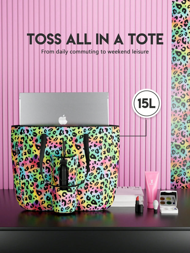 Tote Bag With Front Pocket And Zipper, Waterproof Shoulder Bag With Water Bottle Holder, Fits Laptop, Tumbler With Handle And Straw, - Luxe Ladies Moda