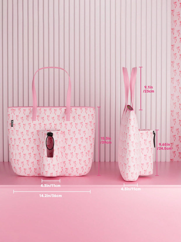 Tote Bag With Front Pocket And Zipper, Waterproof Shoulder Bag With Water Bottle Holder, Fits Laptop, Tumbler With Handle And Straw, - Luxe Ladies Moda