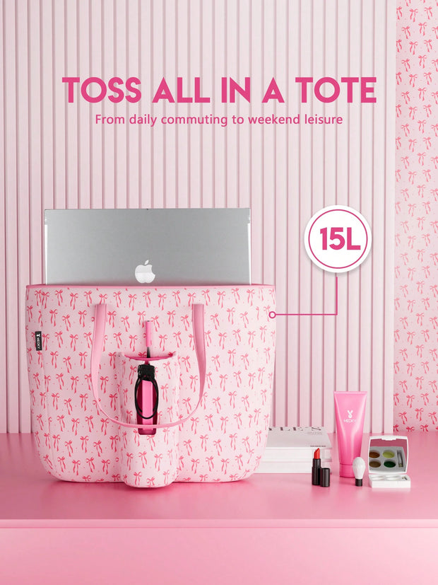 Tote Bag With Front Pocket And Zipper, Waterproof Shoulder Bag With Water Bottle Holder, Fits Laptop, Tumbler With Handle And Straw, - Luxe Ladies Moda