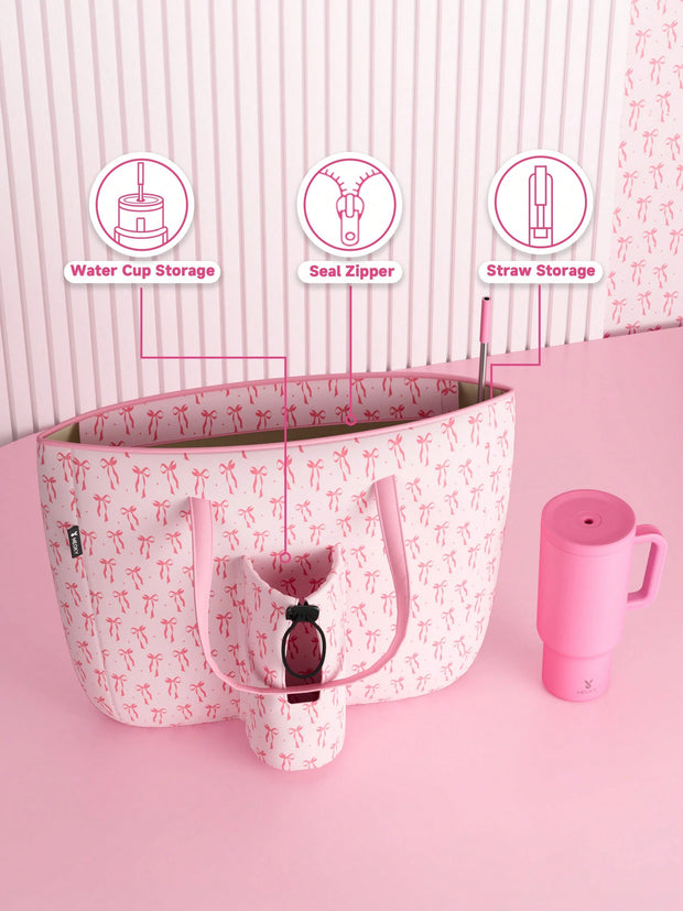 Tote Bag With Front Pocket And Zipper, Waterproof Shoulder Bag With Water Bottle Holder, Fits Laptop, Tumbler With Handle And Straw, - Luxe Ladies Moda