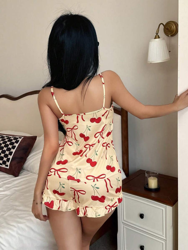 Cute Cherry Bow Sweet Girl Summer Women's Pajama Set Bowknot - Luxe Ladies Moda