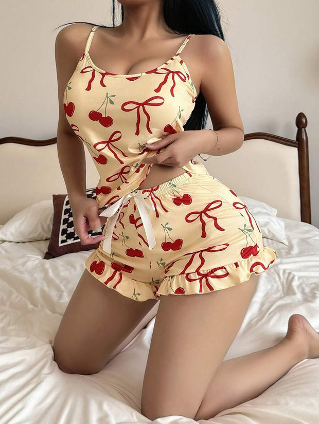 Cute Cherry Bow Sweet Girl Summer Women's Pajama Set Bowknot - Luxe Ladies Moda