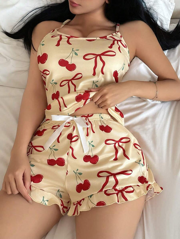 Cute Cherry Bow Sweet Girl Summer Women's Pajama Set Bowknot - Luxe Ladies Moda