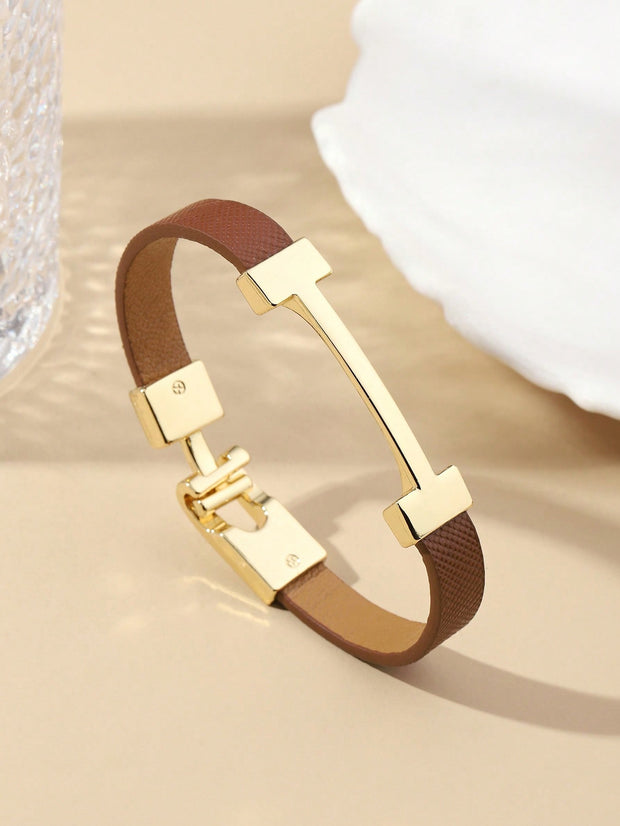 1pc Fashionable Gold Letter Decorated Leather Bracelet, Elegant Gift Jewelry For Girlfriend - Luxe Ladies Moda