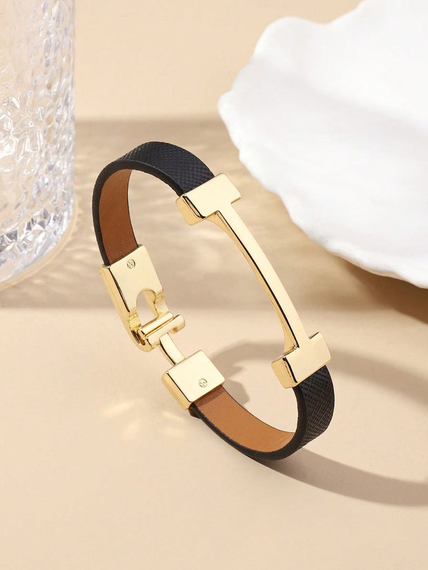 1pc Fashionable Gold Letter Decorated Leather Bracelet, Elegant Gift Jewelry For Girlfriend - Luxe Ladies Moda