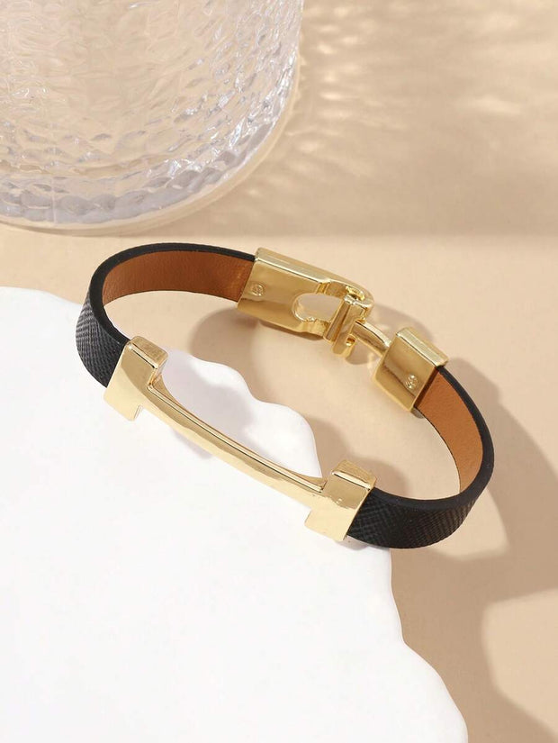 1pc Fashionable Gold Letter Decorated Leather Bracelet, Elegant Gift Jewelry For Girlfriend - Luxe Ladies Moda