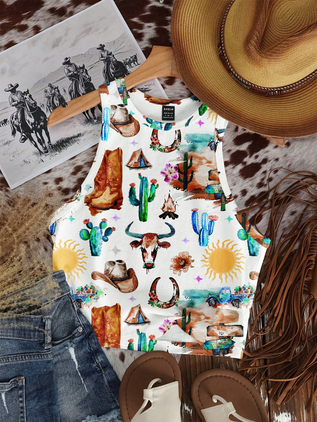 Casual Minimalist Crew Neck Cow Print Western Cowgirl Bohemian Style Bodycon Tank Top - Luxe Ladies Moda