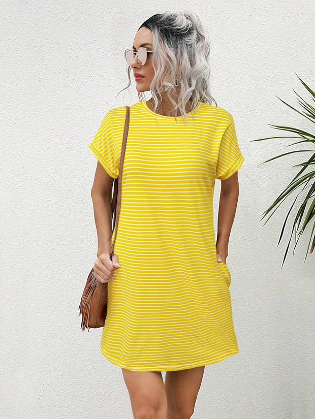 Striped Print Round Neck Patch Pocket Summer Short Sleeve Dress,Summer Dresses For Women - Luxe Ladies Moda