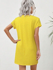 Striped Print Round Neck Patch Pocket Summer Short Sleeve Dress,Summer Dresses For Women - Luxe Ladies Moda