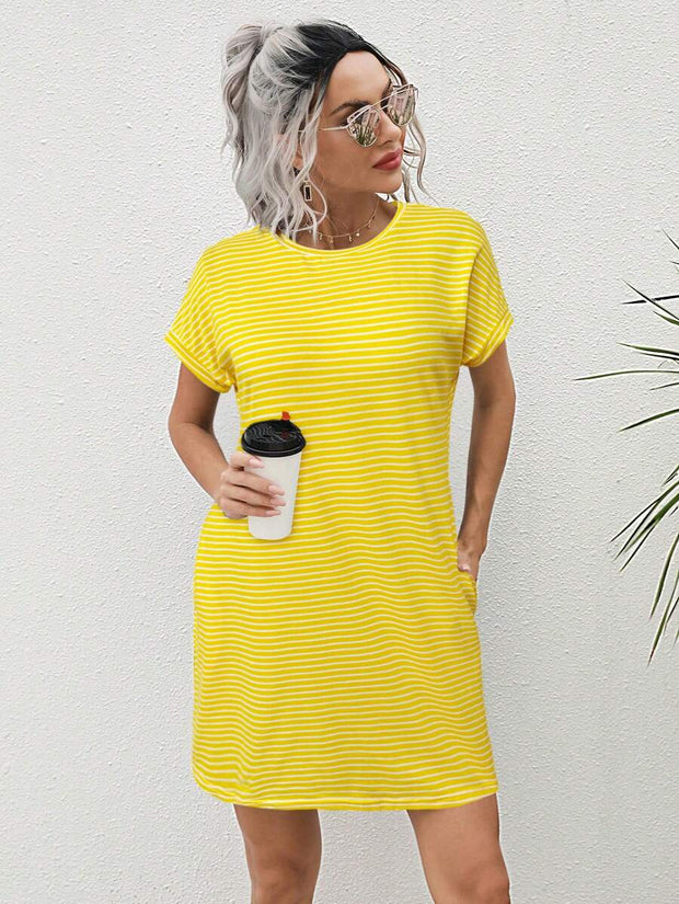 Striped Print Round Neck Patch Pocket Summer Short Sleeve Dress,Summer Dresses For Women - Luxe Ladies Moda