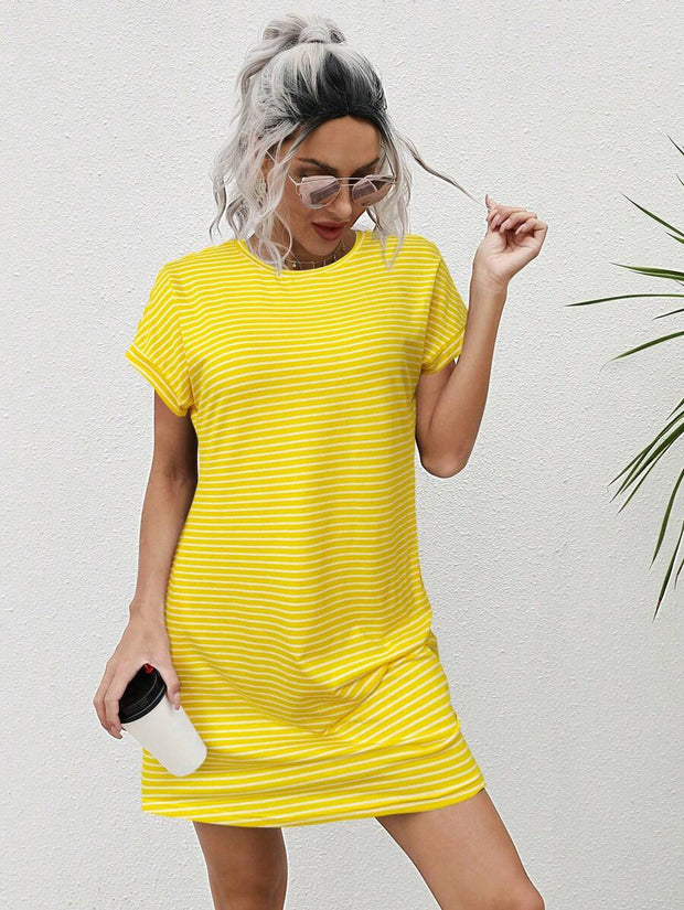 Striped Print Round Neck Patch Pocket Summer Short Sleeve Dress,Summer Dresses For Women - Luxe Ladies Moda