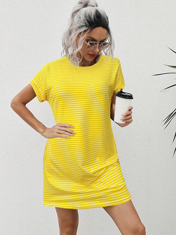 Striped Print Round Neck Patch Pocket Summer Short Sleeve Dress,Summer Dresses For Women - Luxe Ladies Moda