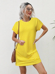 Striped Print Round Neck Patch Pocket Summer Short Sleeve Dress,Summer Dresses For Women - Luxe Ladies Moda