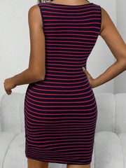 Casual Round Neck Split Neck Button Pocket Striped Fitted Knit Dress Burgundy Color Women Outfit - Luxe Ladies Moda