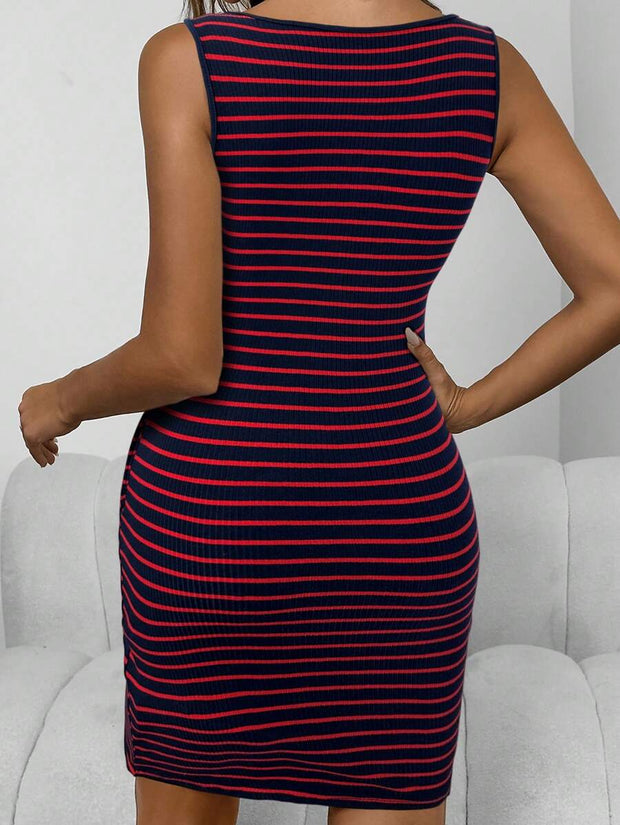 Casual Round Neck Split Neck Button Pocket Striped Fitted Knit Dress Burgundy Color Women Outfit - Luxe Ladies Moda