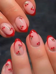 24pcs Press On Nail Set French Manicure - Glossy Red Almond Shape, Short Length, Fruit Design, Suitable For Women And Girls In Summer - Luxe Ladies Moda
