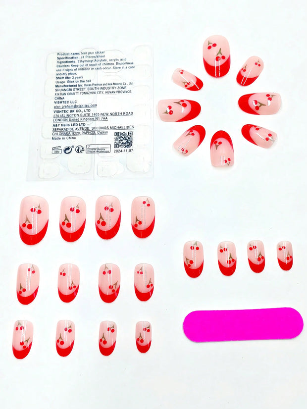 24pcs Press On Nail Set French Manicure - Glossy Red Almond Shape, Short Length, Fruit Design, Suitable For Women And Girls In Summer - Luxe Ladies Moda