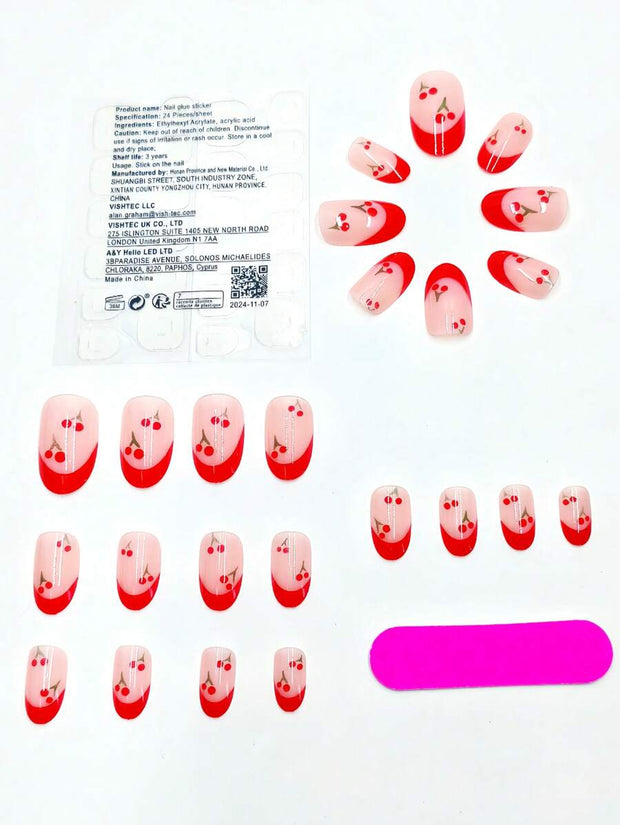 24pcs Press On Nail Set French Manicure - Glossy Red Almond Shape, Short Length, Fruit Design, Suitable For Women And Girls In Summer - Luxe Ladies Moda