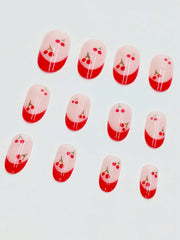 24pcs Press On Nail Set French Manicure - Glossy Red Almond Shape, Short Length, Fruit Design, Suitable For Women And Girls In Summer - Luxe Ladies Moda