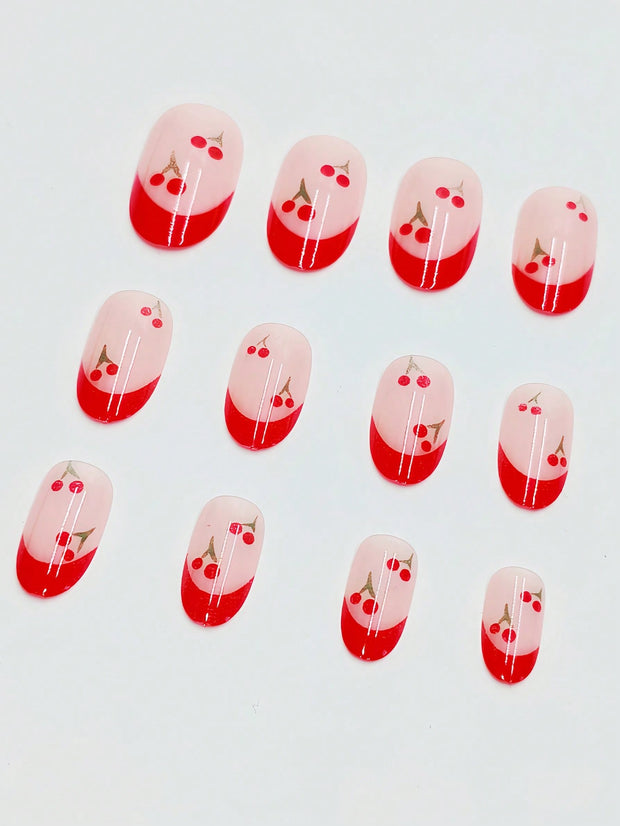 24pcs Press On Nail Set French Manicure - Glossy Red Almond Shape, Short Length, Fruit Design, Suitable For Women And Girls In Summer - Luxe Ladies Moda