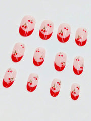 24pcs Press On Nail Set French Manicure - Glossy Red Almond Shape, Short Length, Fruit Design, Suitable For Women And Girls In Summer - Luxe Ladies Moda