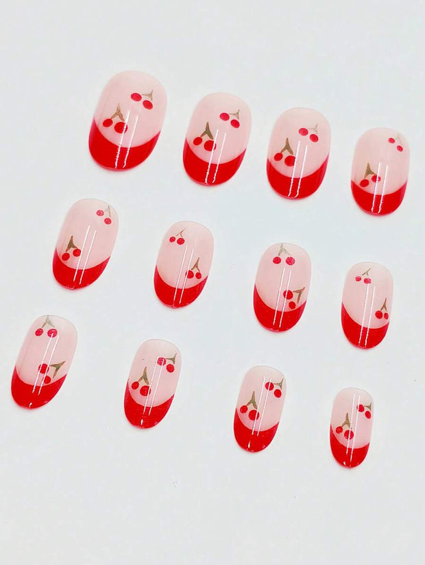 24pcs Press On Nail Set French Manicure - Glossy Red Almond Shape, Short Length, Fruit Design, Suitable For Women And Girls In Summer - Luxe Ladies Moda