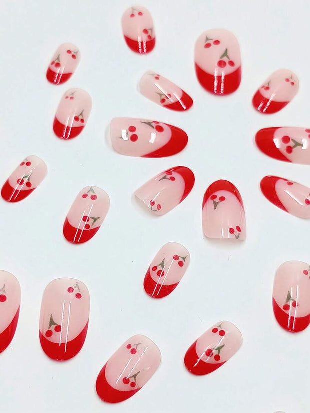 24pcs Press On Nail Set French Manicure - Glossy Red Almond Shape, Short Length, Fruit Design, Suitable For Women And Girls In Summer - Luxe Ladies Moda