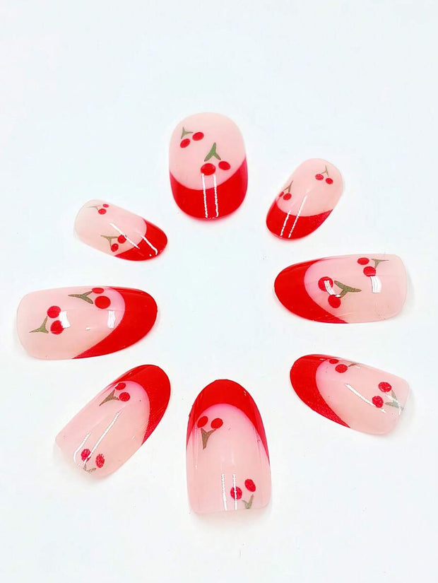 24pcs Press On Nail Set French Manicure - Glossy Red Almond Shape, Short Length, Fruit Design, Suitable For Women And Girls In Summer - Luxe Ladies Moda