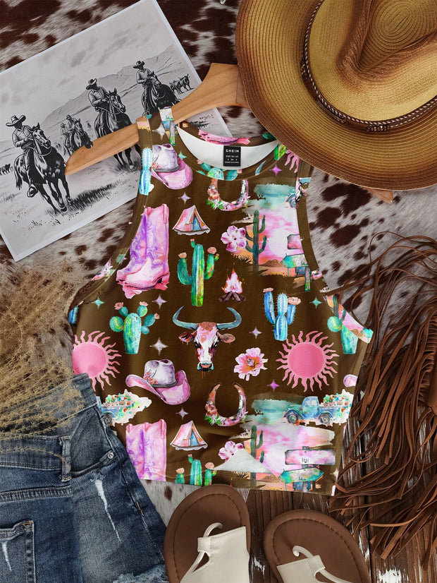 Casual Minimalist Crew Neck Cow Print Western Cowgirl Bohemian Style Bodycon Tank Top - Luxe Ladies Moda