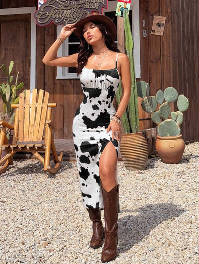 Women's Summer Music Festival New Cow Print Cami Split Front Dress - Luxe Ladies Moda